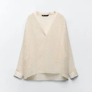 Zara | Tops | Zara S Cream Sheer Oversized Rhinestone Blouse